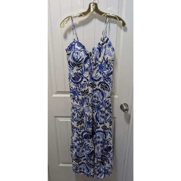 New Look Midi Dress Size M Hawaiian Floral Palm Print Blue White Travel Vacation - Picture 1 of 8